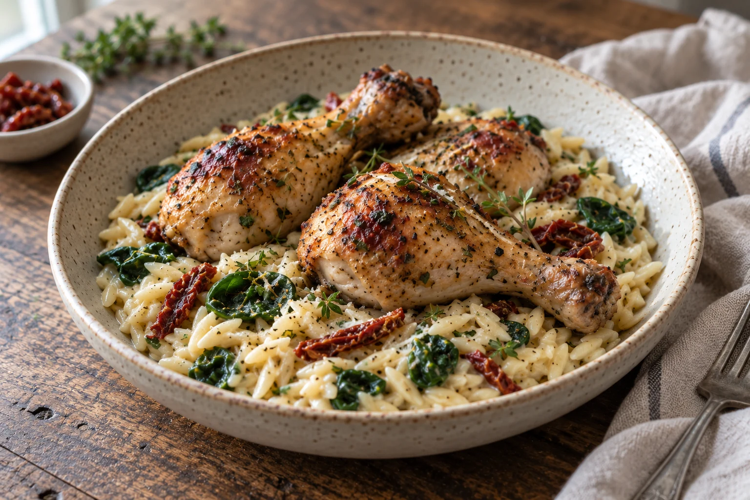 Pollo a la toscana con arroz, espinaca y tomates secos