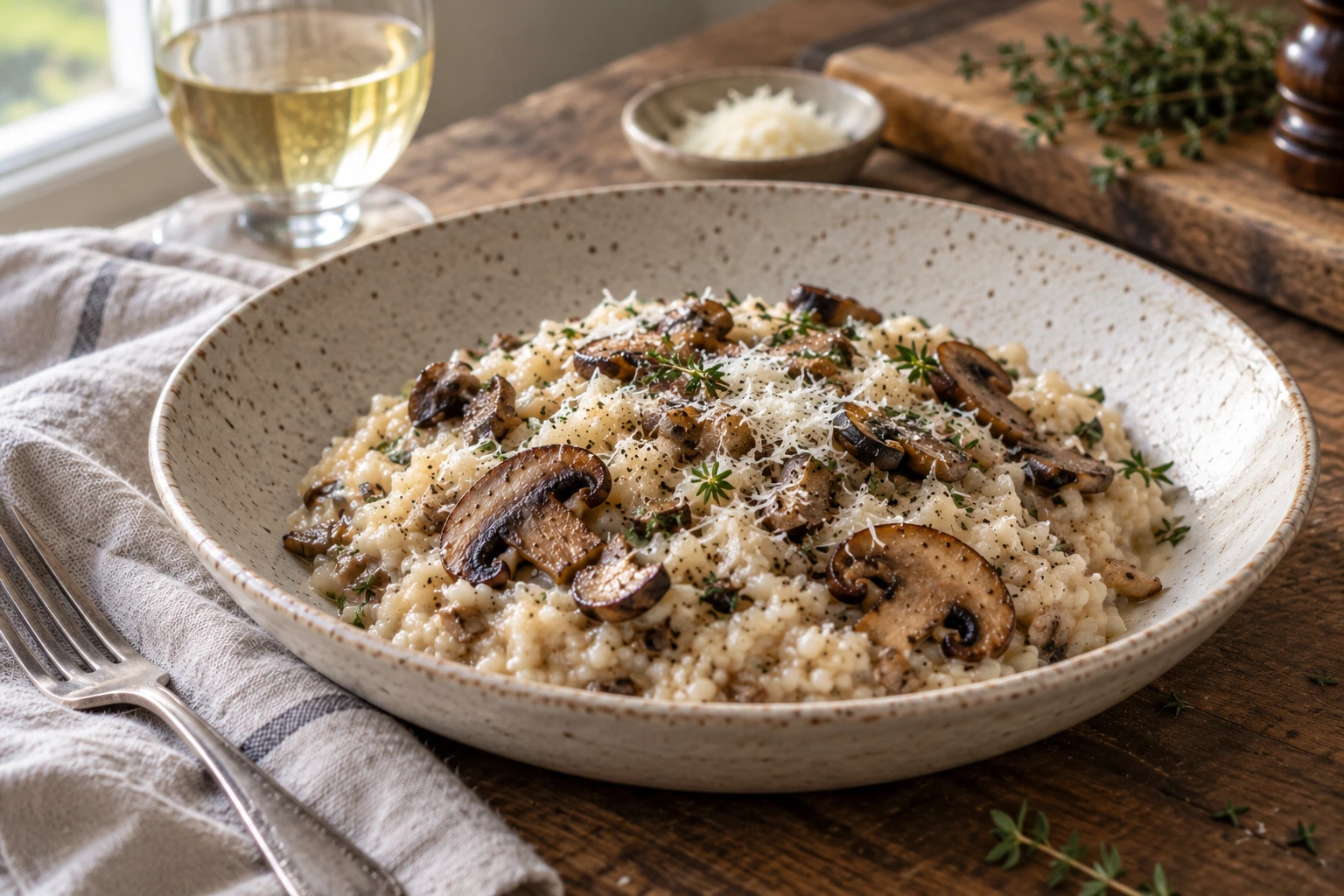 Risotto de portobellos terminado con queso y tomillo