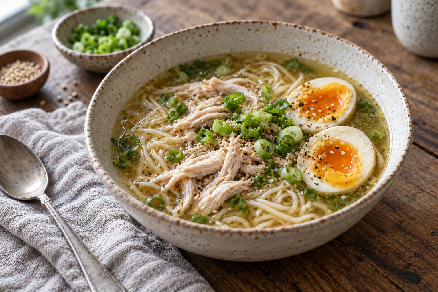 Ramen de fideos de arroz con pollo y huevo